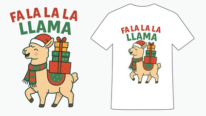 Funny Llama Christmas Fa La La T-shirt Design, Cute Cartoon Llama Santa Holiday T-shirt Artwork, Adorable Llama Christmas Gift T-shirt Graphic, Festive Llama Santa Hat Christmas T-shirt Print