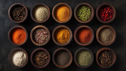 Macro Close-up Assortment of colorful spices in wooden bowls overhead view of culinary ingredients perfect for cooking and flavor enhancement isolated on black background
