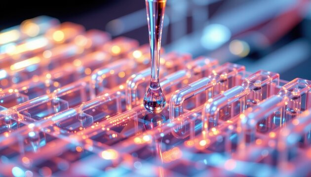 close up of controlled microfluidic flow showing droplet manipulation precise timing and velocity in transparent channels high resolution scientific illustration
