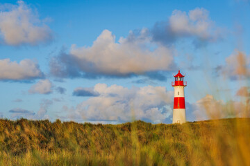 Der Lister Leuchtturm im Morgenlicht am Ellenbogen auf der Insel Sylt, Deutschland
