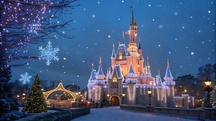 Magical Christmas Night with Snow Falling on Illuminated Fairytale Castle