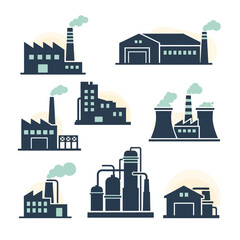 Obraz premium Vector illustration set of industrial building icons, featuring various factory, power plant, and warehouse silhouettes for manufacturing themes