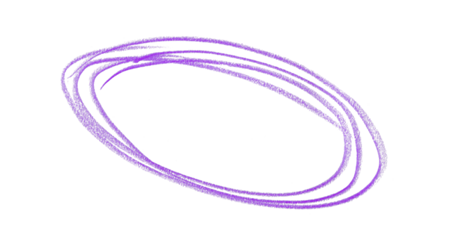 Hand drawn purple pencil lines, circles, stripes and squiggly lines on transparent background.