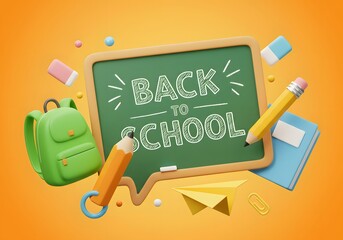 Vibrant back to school scene with green backpack chalkboard pencils notebook and school supplies on orange background