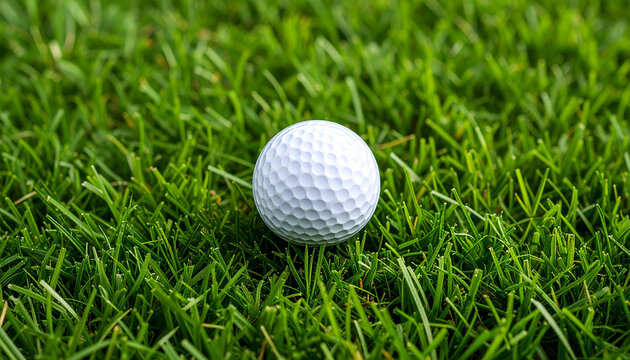 Close-up shot of a golf ball resting on a bed of vibrant green grass on a sunny day.
