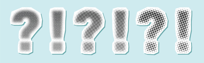 Halftone question mark and exclamation mark trendy collage vector design elements collection in pastel colors