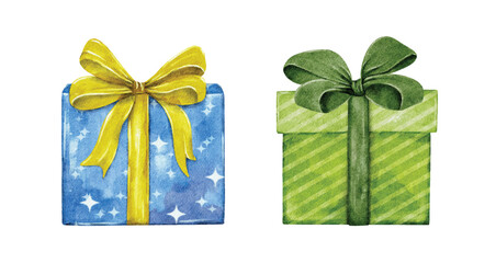 Watercolor Holiday Gift Boxes with Ribbons