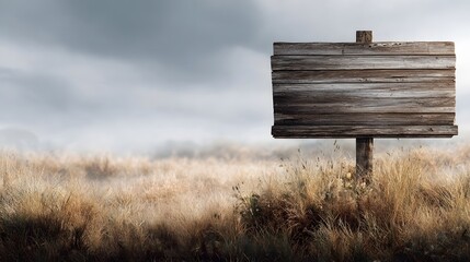 Naklejka premium An empty weathered wooden signpost stands in a field of dry golden grass under a cloudy atmospheric sky
