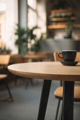 Coffee cup on a wooden table in a modern cafe setting