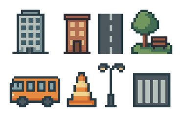 Obraz premium Pixel art urban icons: buildings, road, tree, bench, bus, cone, streetlamp, grate