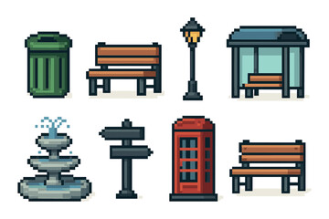 Pixel art urban elements: benches, fountain, lamp post, trash can, bus shelter
