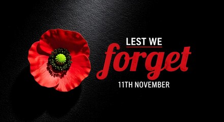 Remembrance Day 11th November poppy flower tribute illustration with Lest We Forget text, Armistice Day memorial banner concept