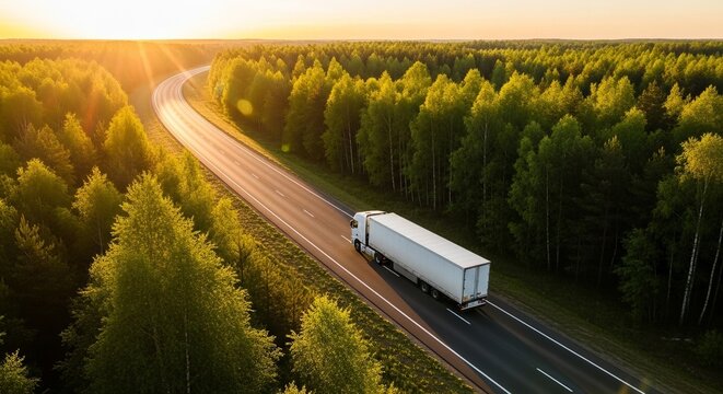 Aerial view shows a transport truck driving on the highway at sunrise through vibrant green forests.