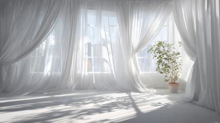 Fototapeta premium Sunlight streaming through sheer white curtains in a room