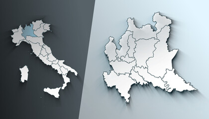 Minimalist 3D Map of Lombardy Italy Region with District Borders