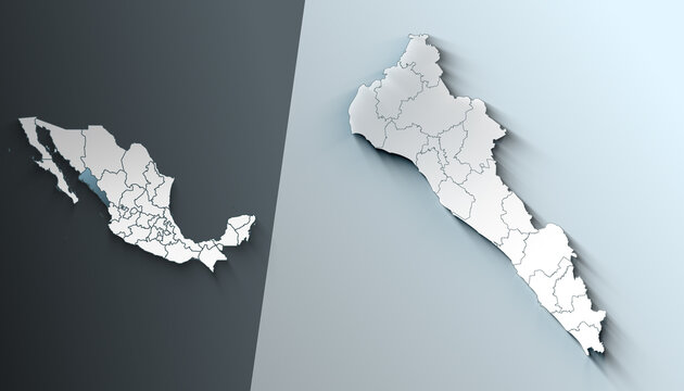 Minimalist 3D Map of Sinaloa Mexico State with District Borders