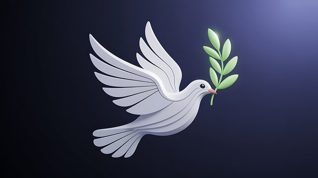 Striking 3D conceptual render of a single dove in flight carrying an olive branch. A universally recognized symbol of peace, hope, and international unity.
