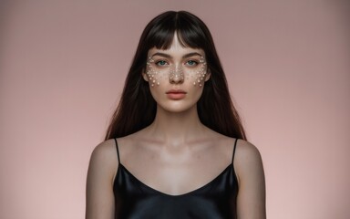 Fototapeta premium Beautiful young woman with creative pearl face makeup on pink background