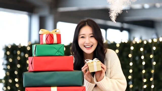 Happy Asian woman in cream sweater holding small gift box beside stack of colorful Christmas presents with festive lights