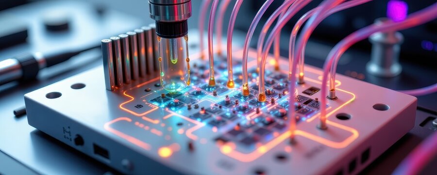 visualize a futuristic loc device with multiple microchannels circulating fluids automatically, integrating microfluidics for chemical and biological experiments