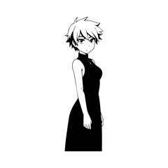Black and white hot anime character line art illustration, stylish minimal outline drawing in clean style