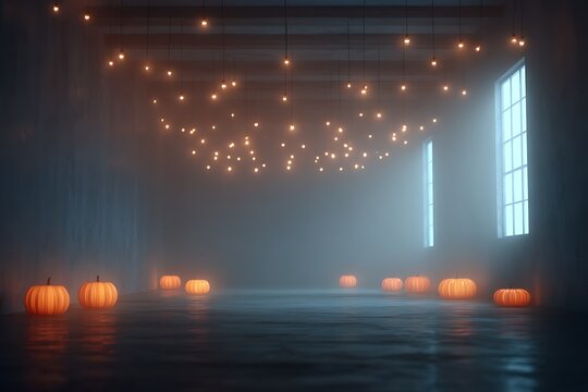 Dark room decorated with glowing jack o lanterns - Powered by Adobe