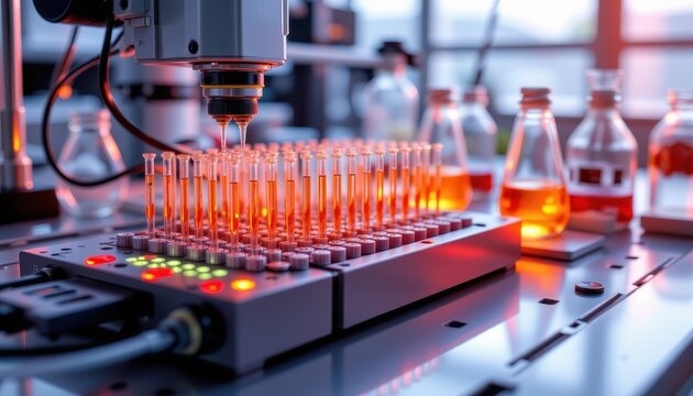 visualize a futuristic loc device with complex microfluidic circuits transporting fluids automatically in a laboratory, emphasizing technology and precision
