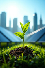 Fresh Sprout in Front of Solar Panels under Bright Sunlight Representing Sustainability and Growth
