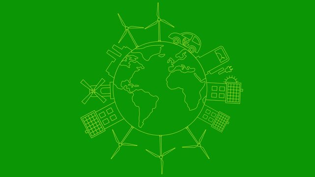 Animated linear yellow icon of green energy city on circle planet. Line symbol. Concept of Sustainability, environment, renewable energy, green technology. Illustration isolated on green background. 
