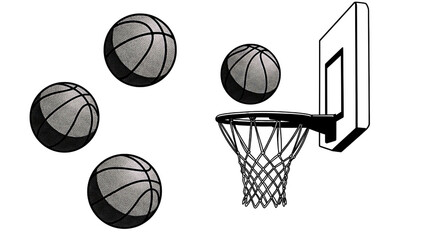 Four basketballs and a basketball hoop isolated on transparent background, perfect for sports themed designs or educational materials about basketball © Amiruddin