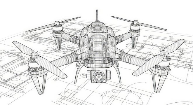 Detailed technical line drawing of a drone design concept, rendered in a blueprint style