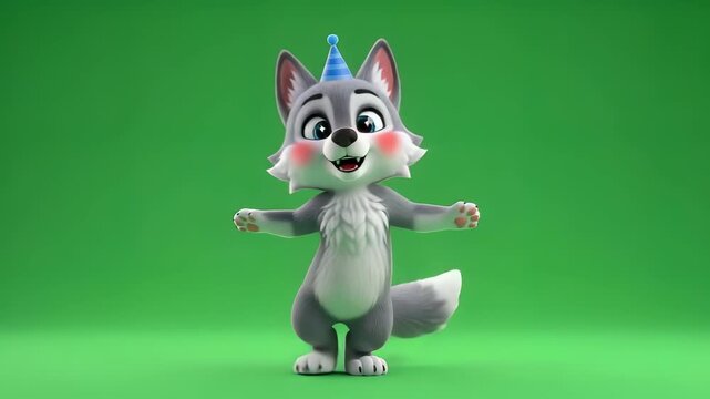 A cute cartoon wolf wearing a party hat, standing with arms outstretched, against a green background.