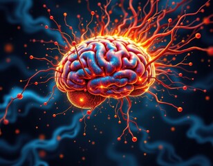 depiction of mental exhaustion caused by chronic stress, brain glowing in warm colors, neurons damaged, cognitive overload, creative digital art, highly detailed brain illustration