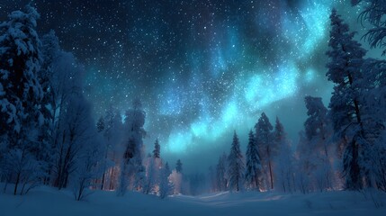 Fototapeta premium Winter night sky landscape wallpaper background with snow covered trees and milky way galaxy view scene