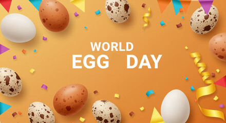 Celebration banner for World Egg Day with eggs, confetti, ribbons, and party decorations on orange background.