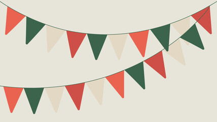 Obraz premium Two strings of triangular party flags in red green and white hanging against a light beige background