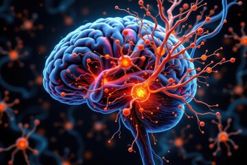 visualization of mental stress affecting cognition, prefrontal cortex dimmed, hippocampus shrinking, neurons misfiring, bright synapses, highly detailed neuro art style