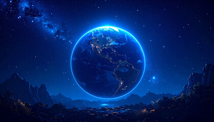 A stunning digital artwork showcasing planet Earth illuminated against a starry night sky.