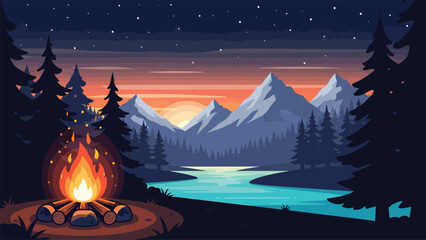 Minimal Flat Campfire on Dark Canvas
