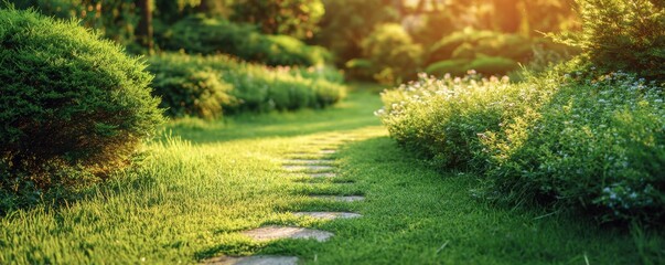 Garden Flowers and Plants on a Sunny Background. Beautiful ornamental Landscaping. Backyard English cottage garden on concrete pavement. Curvy green lawn edge, pathway design. Warm sunset sun light