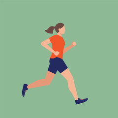 Obraz premium Flat illustration of a woman running in an orange shirt and blue shorts against a green background.