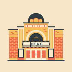 A flat vector illustration of a vintage art deco style cinema building with a marquee sign and brick facade, isolated on a light background.