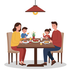 A happy family of four enjoying a meal together at a dining table, with food and drinks laid out.