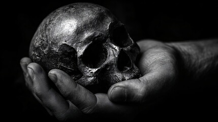hand holding a skull in black and white
