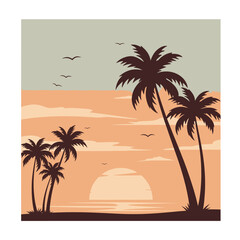 A vector illustration of silhouetted palm trees on a tropical beach during a serene sunset with birds flying in the sky.