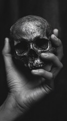 hand holding a skull in black and white
