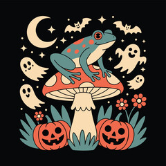 Whimsical halloween scene with a frog on a mushroom surrounded by ghosts and pumpkins