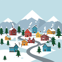 Winter village scene with colorful houses, snow-covered mountains, and a winding road.