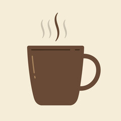 A simple flat design illustration of a brown coffee mug with steam rising from it against a light background.