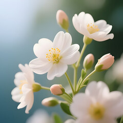A dreamy, close-up photograph of delicate pink and white flowers (resembling anemone or cosmos) in full bloom.
